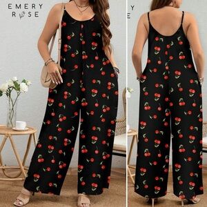 Plus Size Casual Cherry Print Sleeveless Long Jumpsuit Black Wide-Leg Pants 2XL